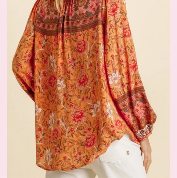 Orange Floral Peasant Top Lightweight Festival Flowy Rayon Blouse By Umgee Sz M - Picture 7 of 11